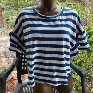 Universal Thread Blue/White Striped Boxy Crop Top w/ Ruffle Sleeve & Crew Neck